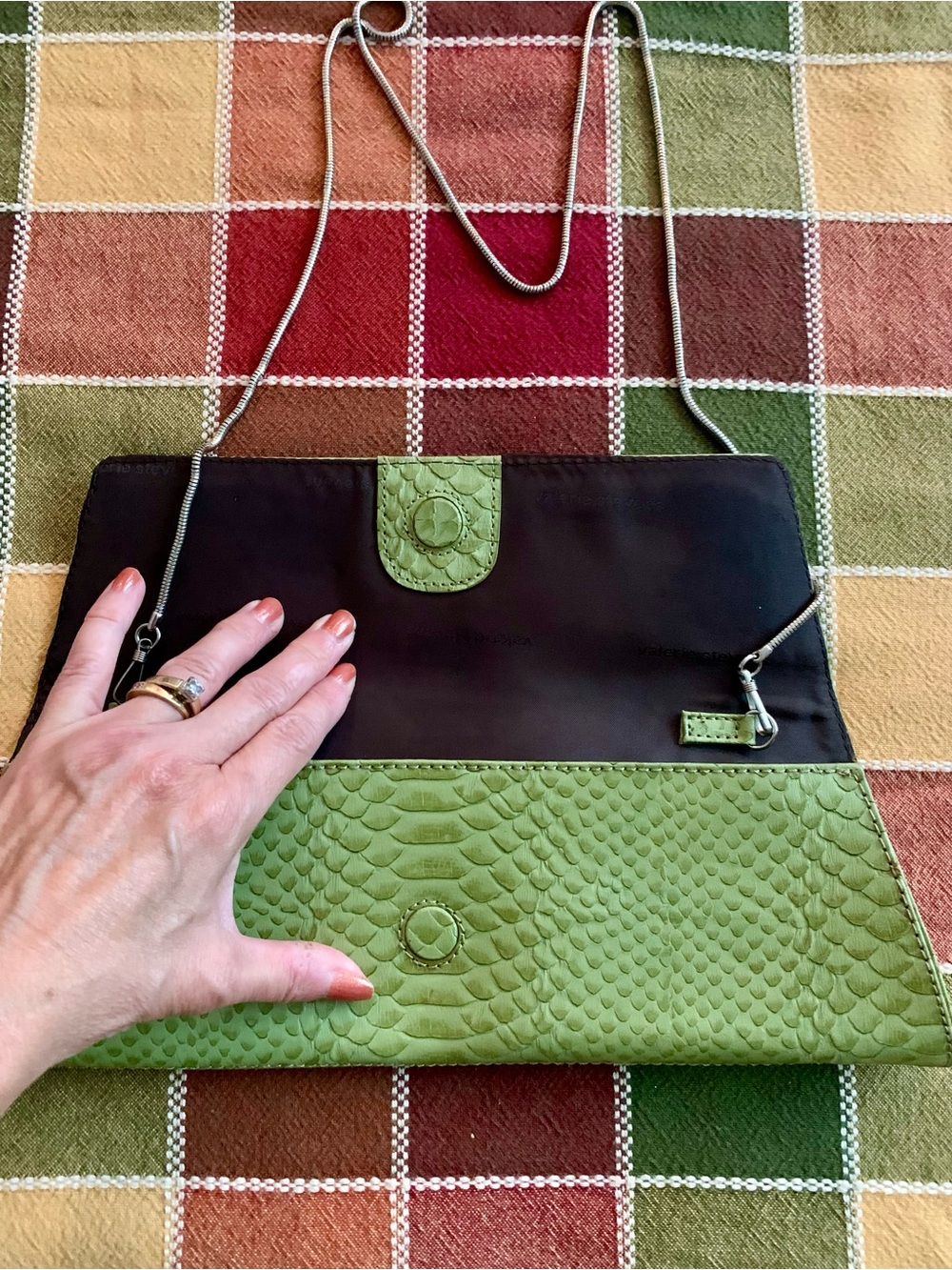 Vintage Valerie Stevens Green SnakeEmbossed Leather Clutch Bag Metallic Chain - Picture 5 of 9
